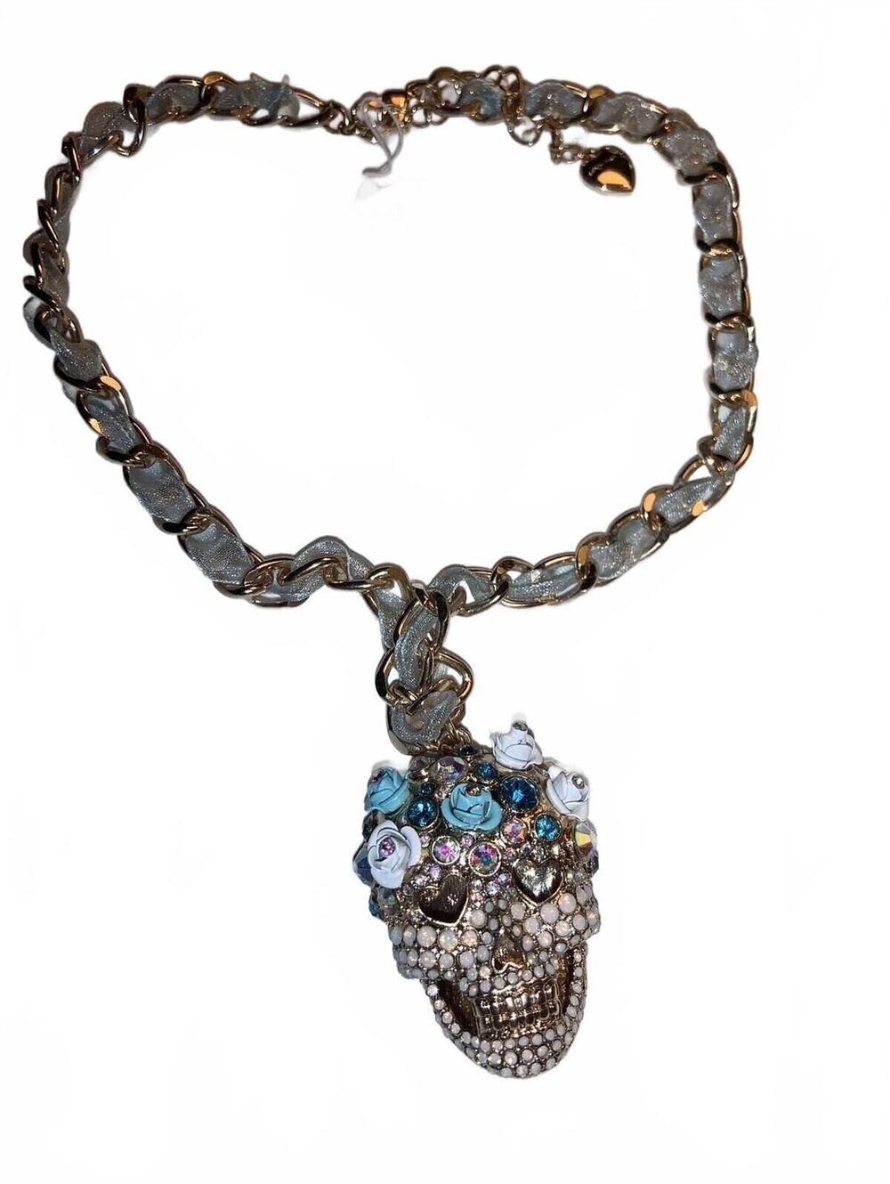 new Betsey Johnson Sugar Skull with Roses Ribbon Necklace